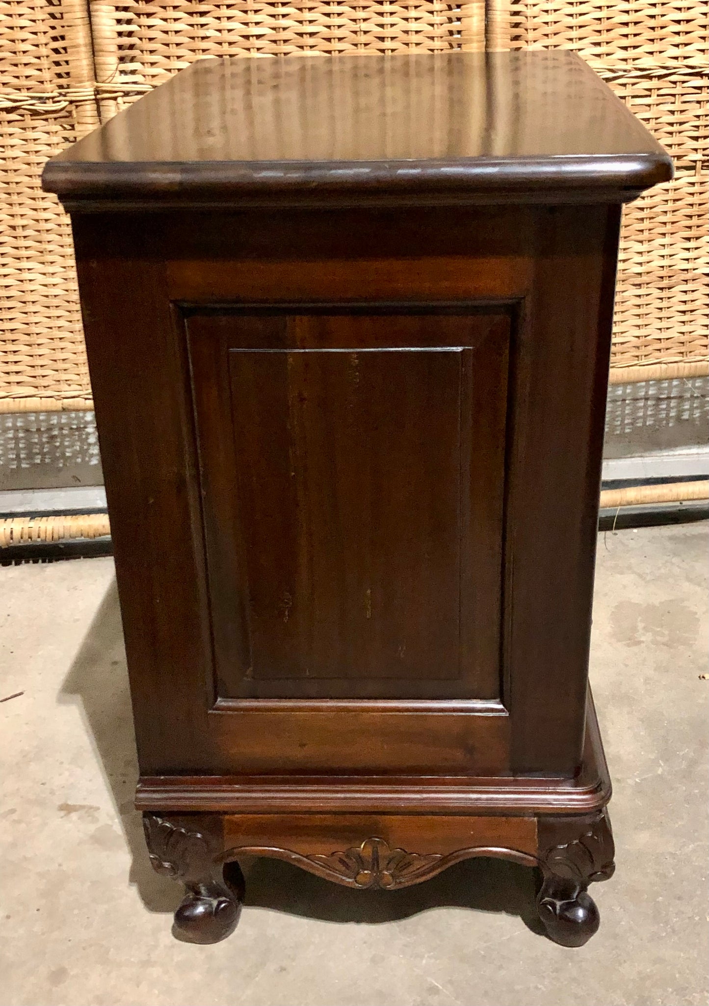 000691....Handsome Pair Of Vintage Carved Mahogany Bedside Chests ( sold )