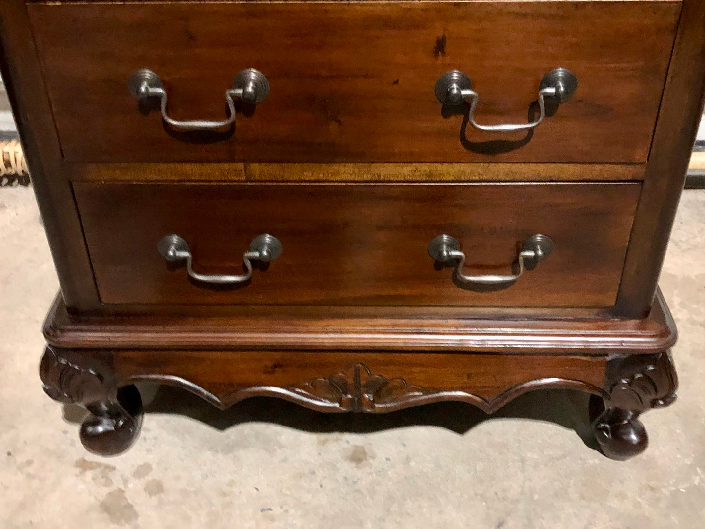 000691....Handsome Pair Of Vintage Carved Mahogany Bedside Chests ( sold )