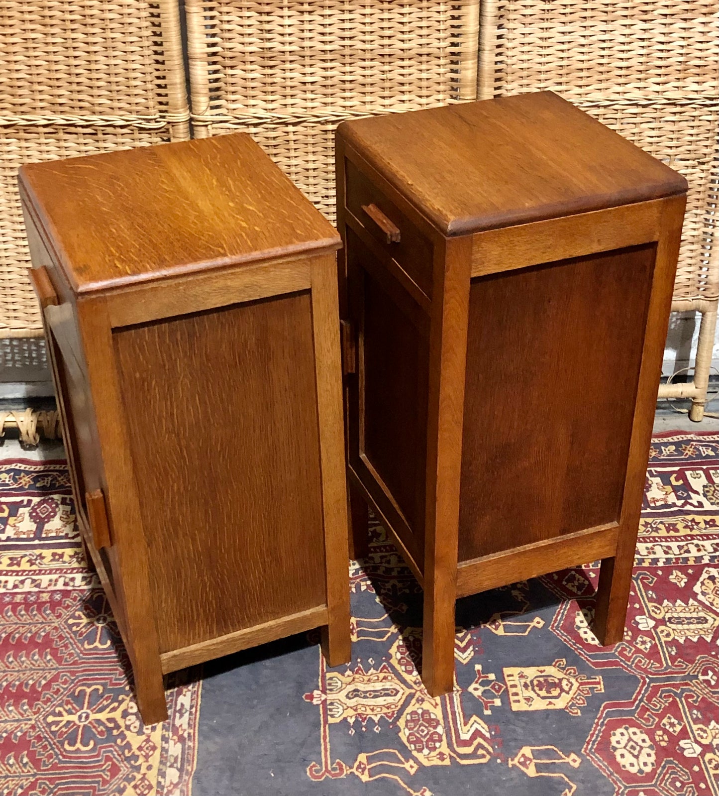 000684....Two Art Deco Style Oak Bedside Tables / Nightstands ( sold )