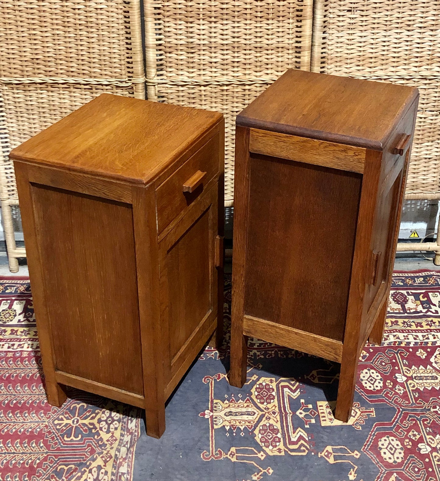 000684....Two Art Deco Style Oak Bedside Tables / Nightstands ( sold )
