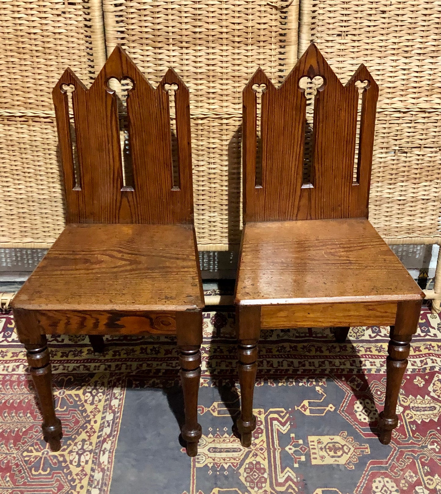 000655....Handsome Pair Of Small Gothic Pine Chairs
