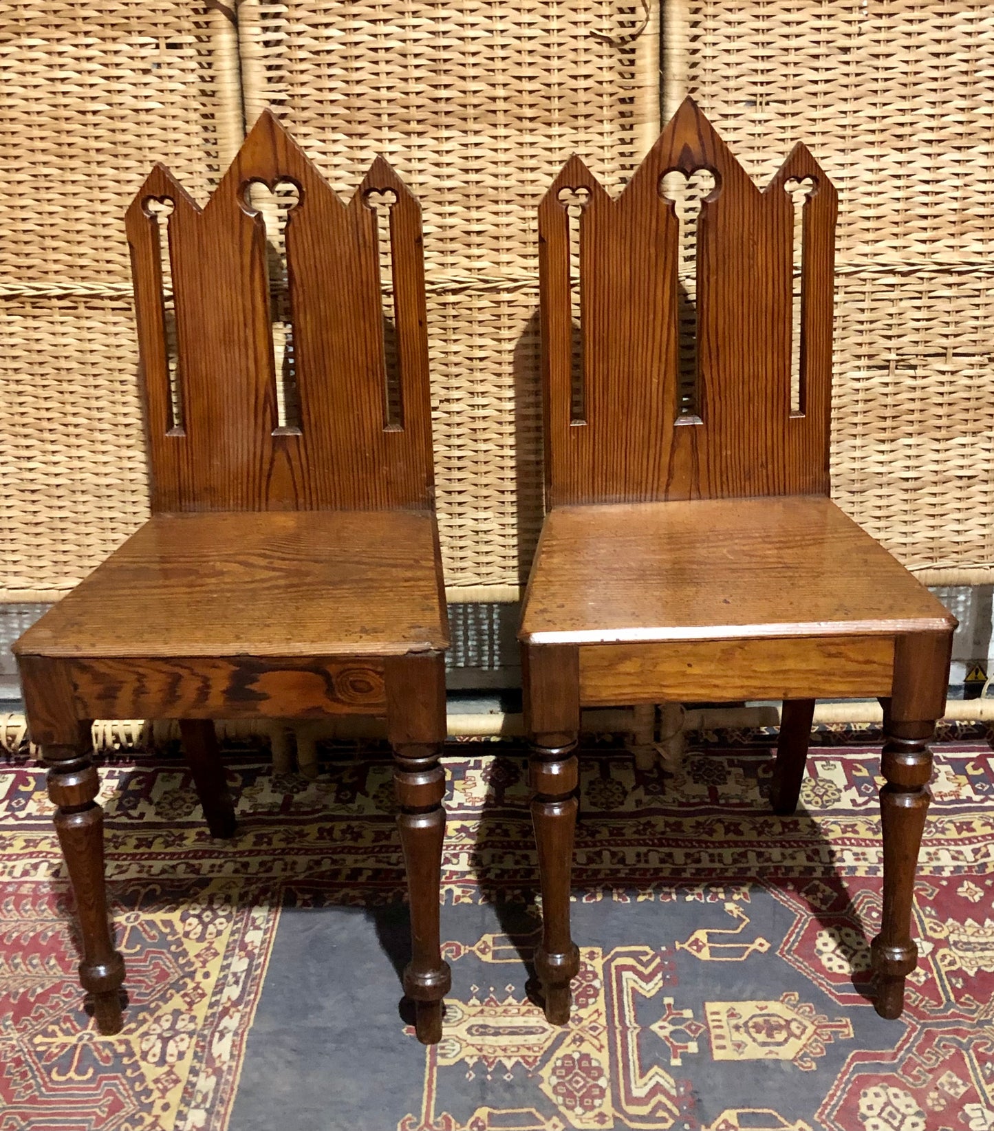 000655....Handsome Pair Of Small Gothic Pine Chairs