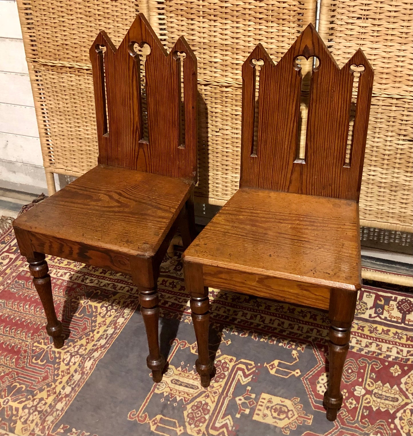 000655....Handsome Pair Of Small Gothic Pine Chairs