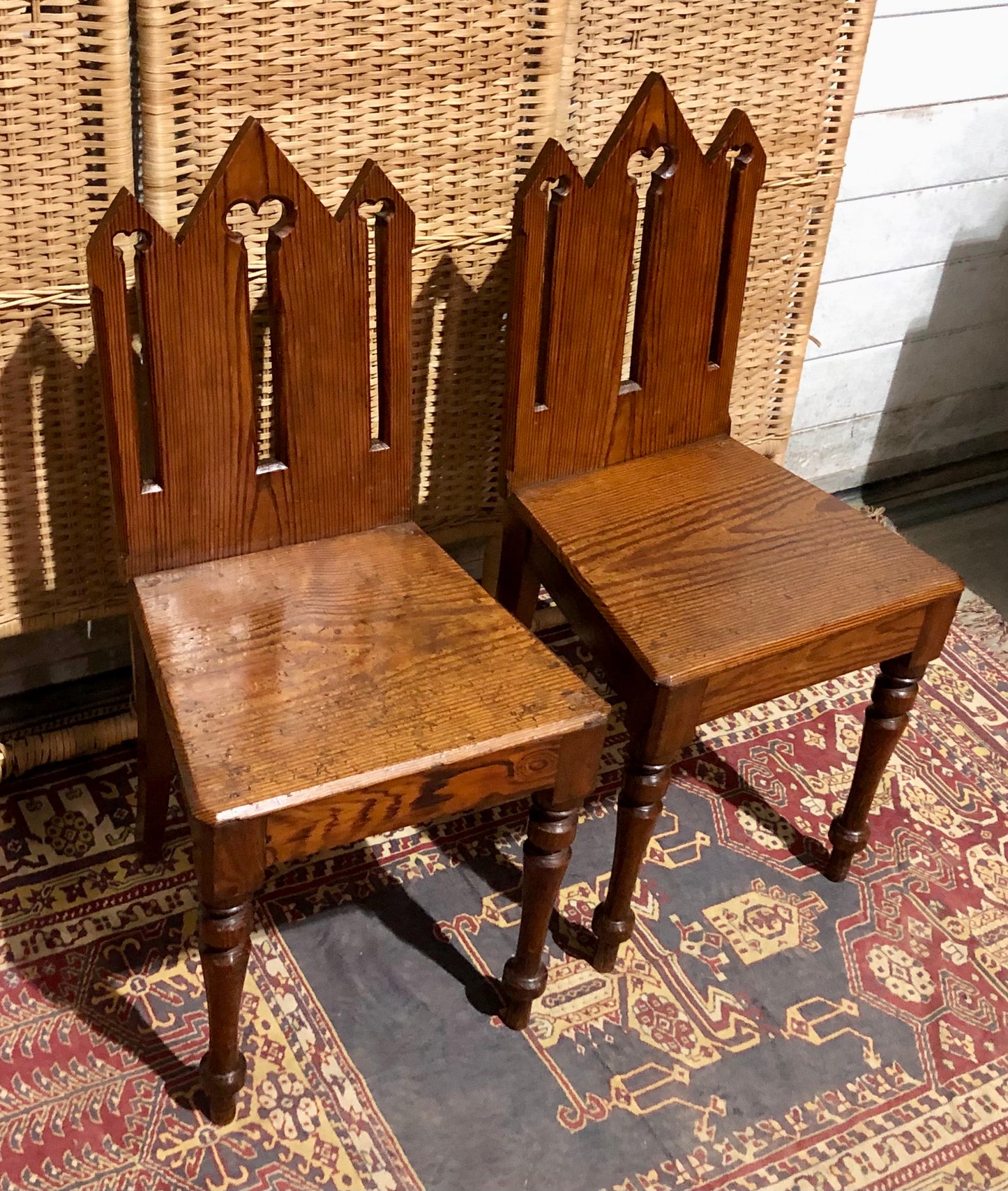 000655....Handsome Pair Of Small Gothic Pine Chairs