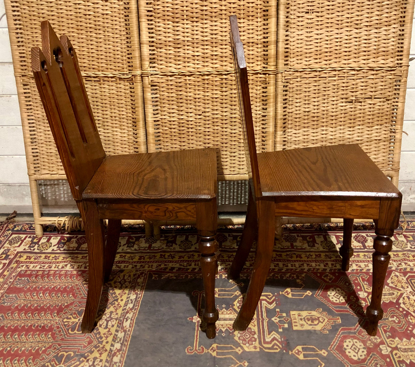 000655....Handsome Pair Of Small Gothic Pine Chairs