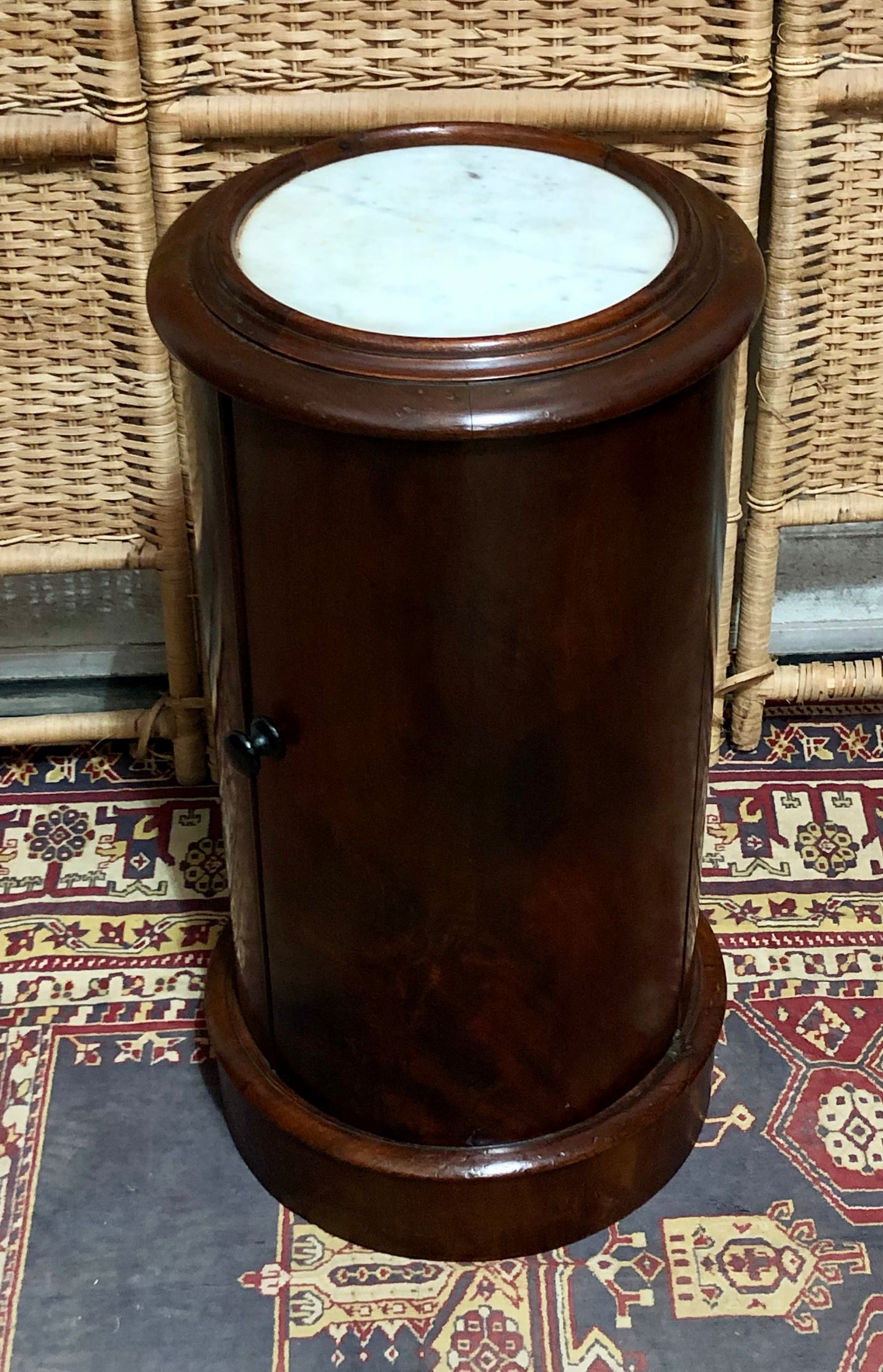 000649....Handsome Antique Pillar Bedside / Lamptable With Marble Top