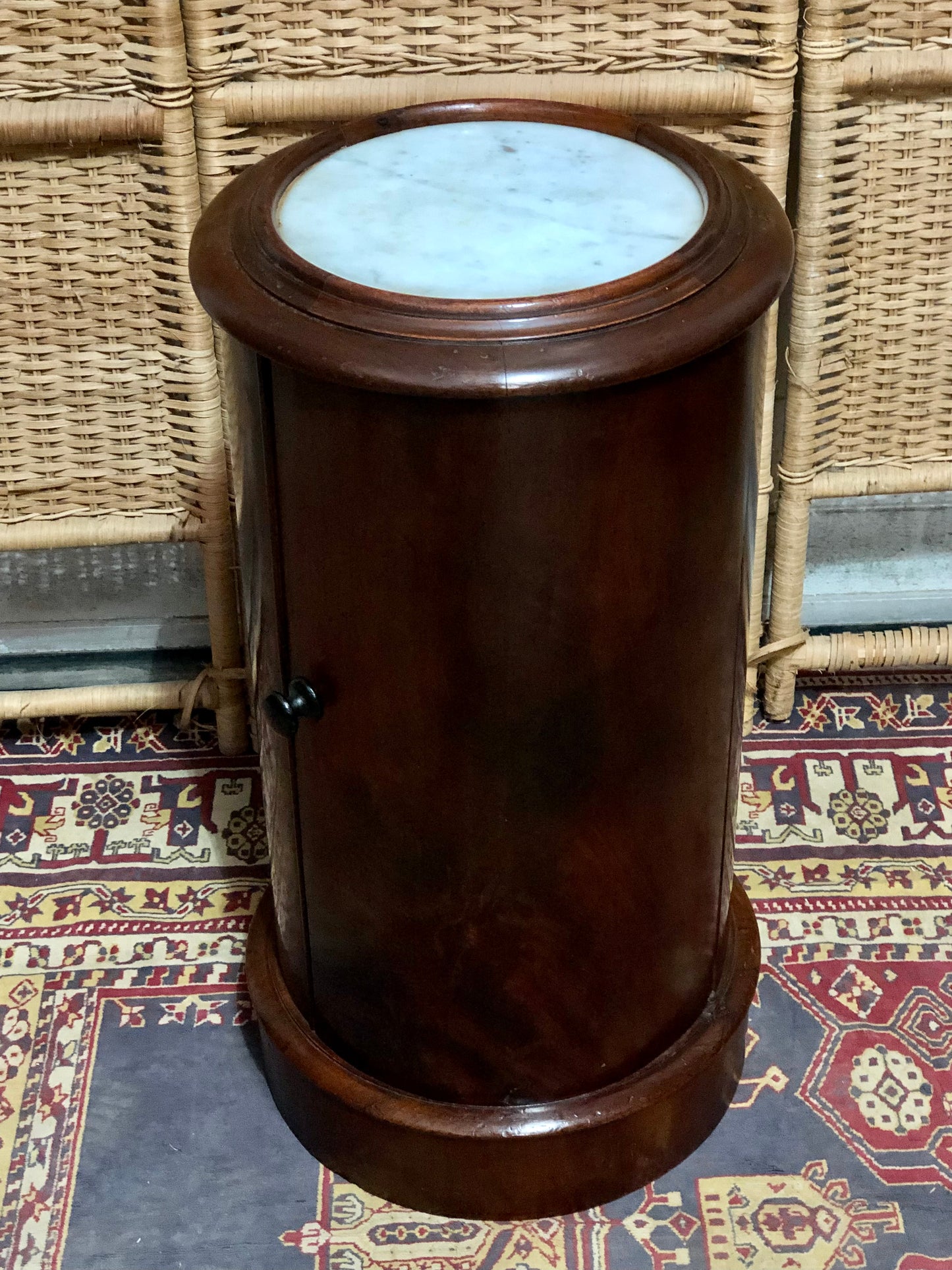 000649....Handsome Antique Pillar Bedside / Lamptable With Marble Top