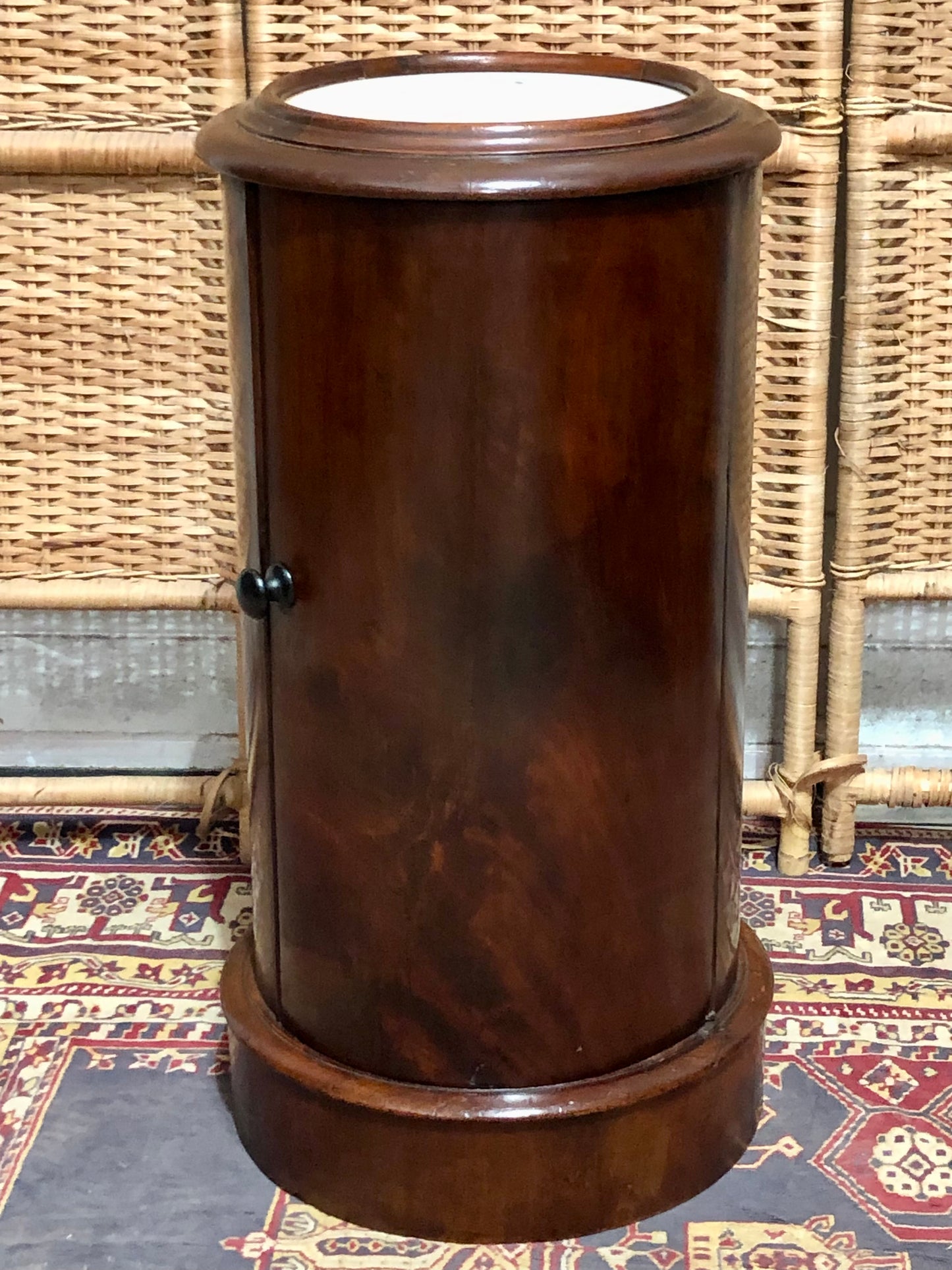 000649....Handsome Antique Pillar Bedside / Lamptable With Marble Top