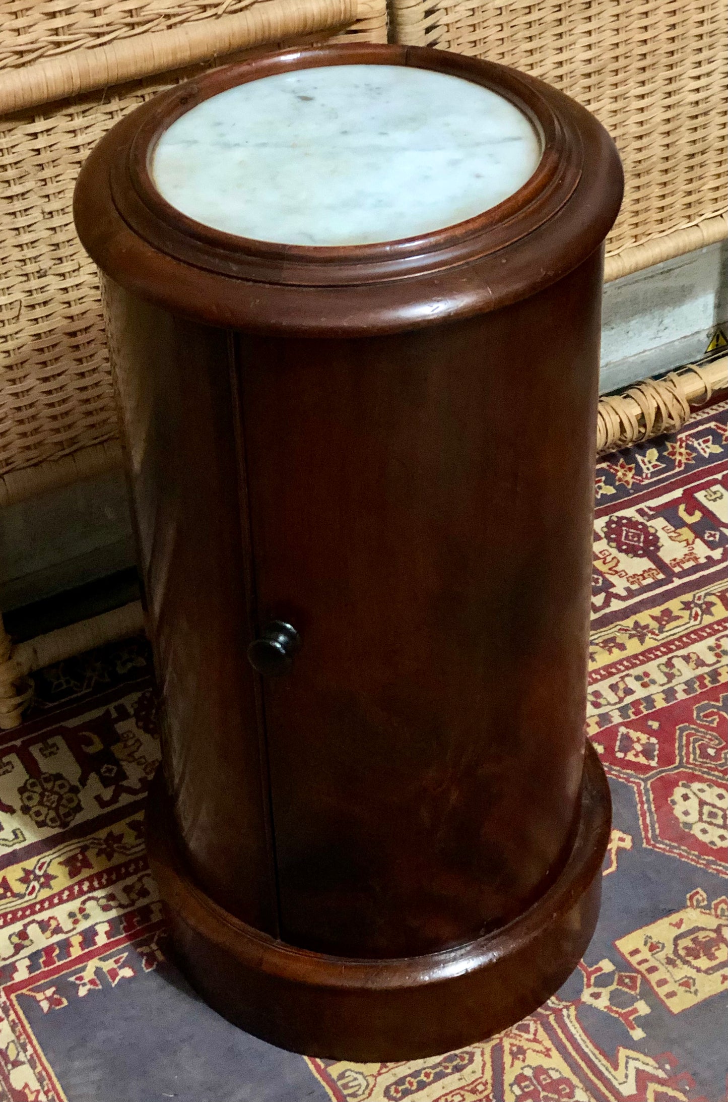 000649....Handsome Antique Pillar Bedside / Lamptable With Marble Top