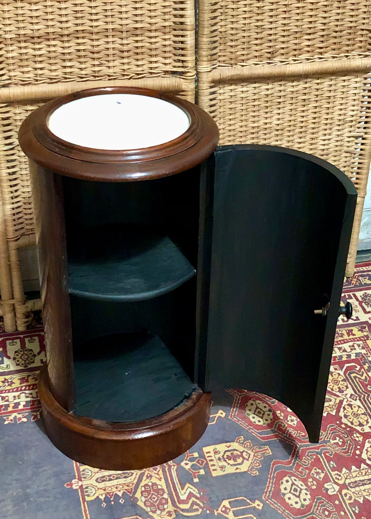 000649....Handsome Antique Pillar Bedside / Lamptable With Marble Top