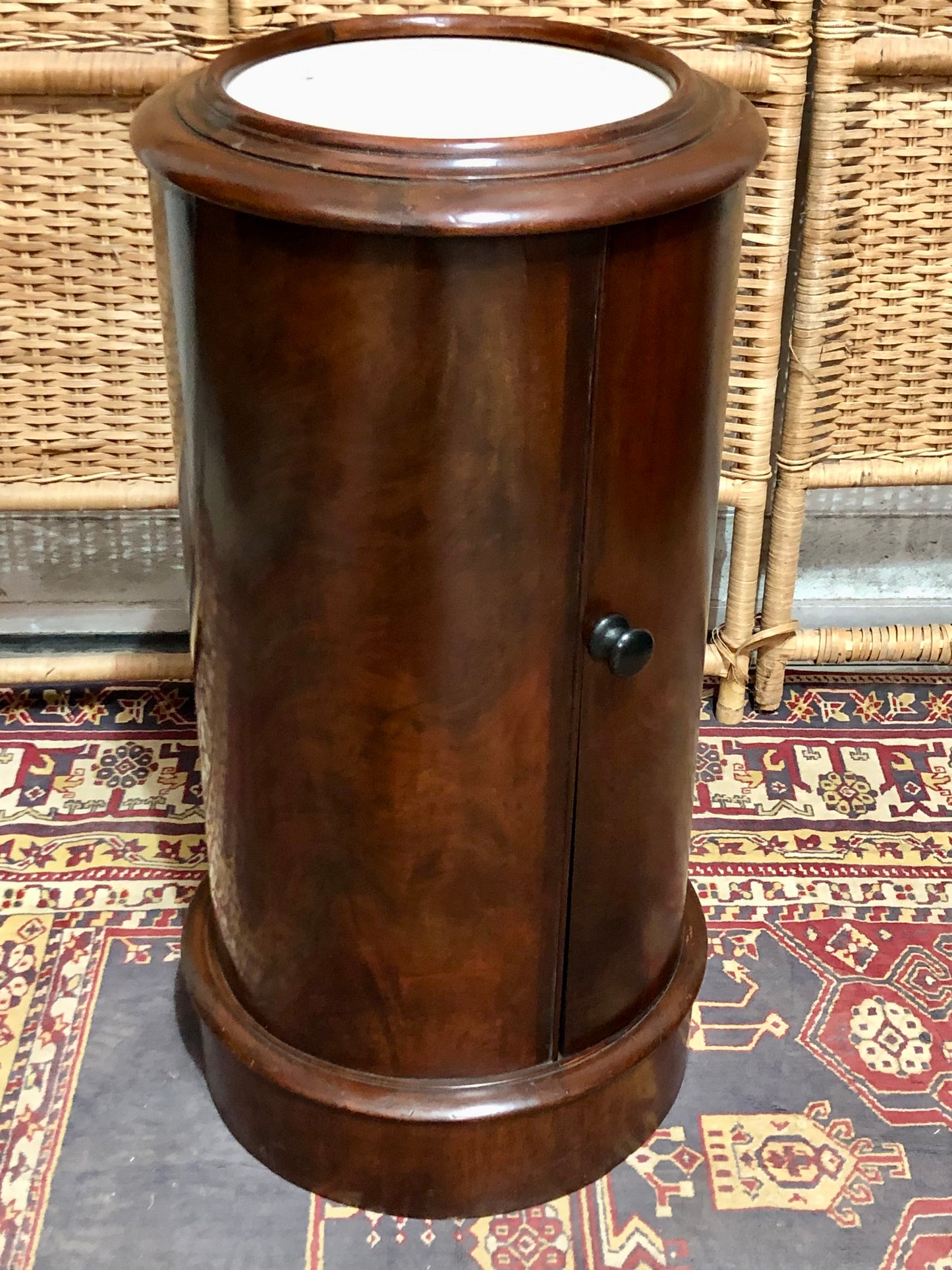 000649....Handsome Antique Pillar Bedside / Lamptable With Marble Top