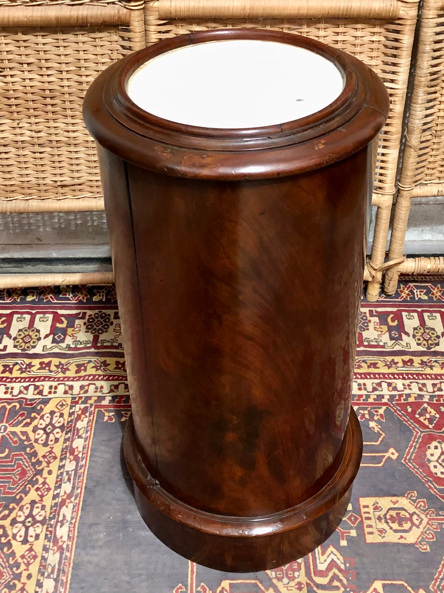 000649....Handsome Antique Pillar Bedside / Lamptable With Marble Top