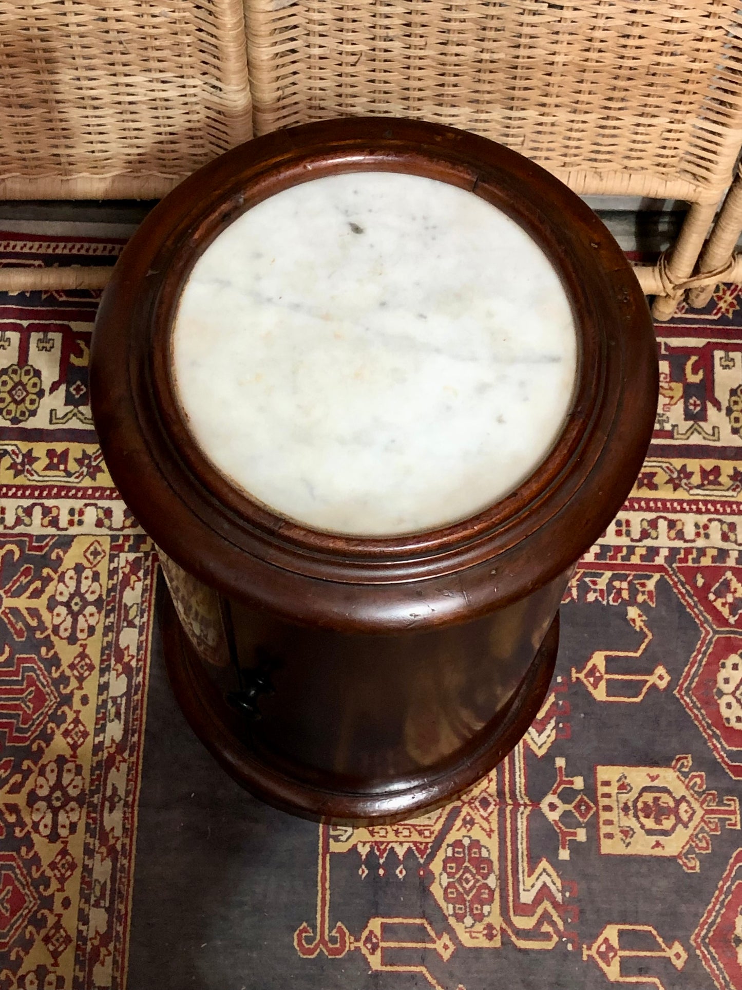 000649....Handsome Antique Pillar Bedside / Lamptable With Marble Top