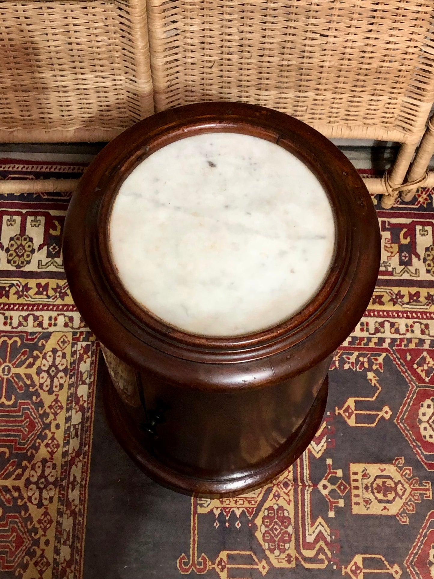 000649....Handsome Antique Pillar Bedside / Lamptable With Marble Top