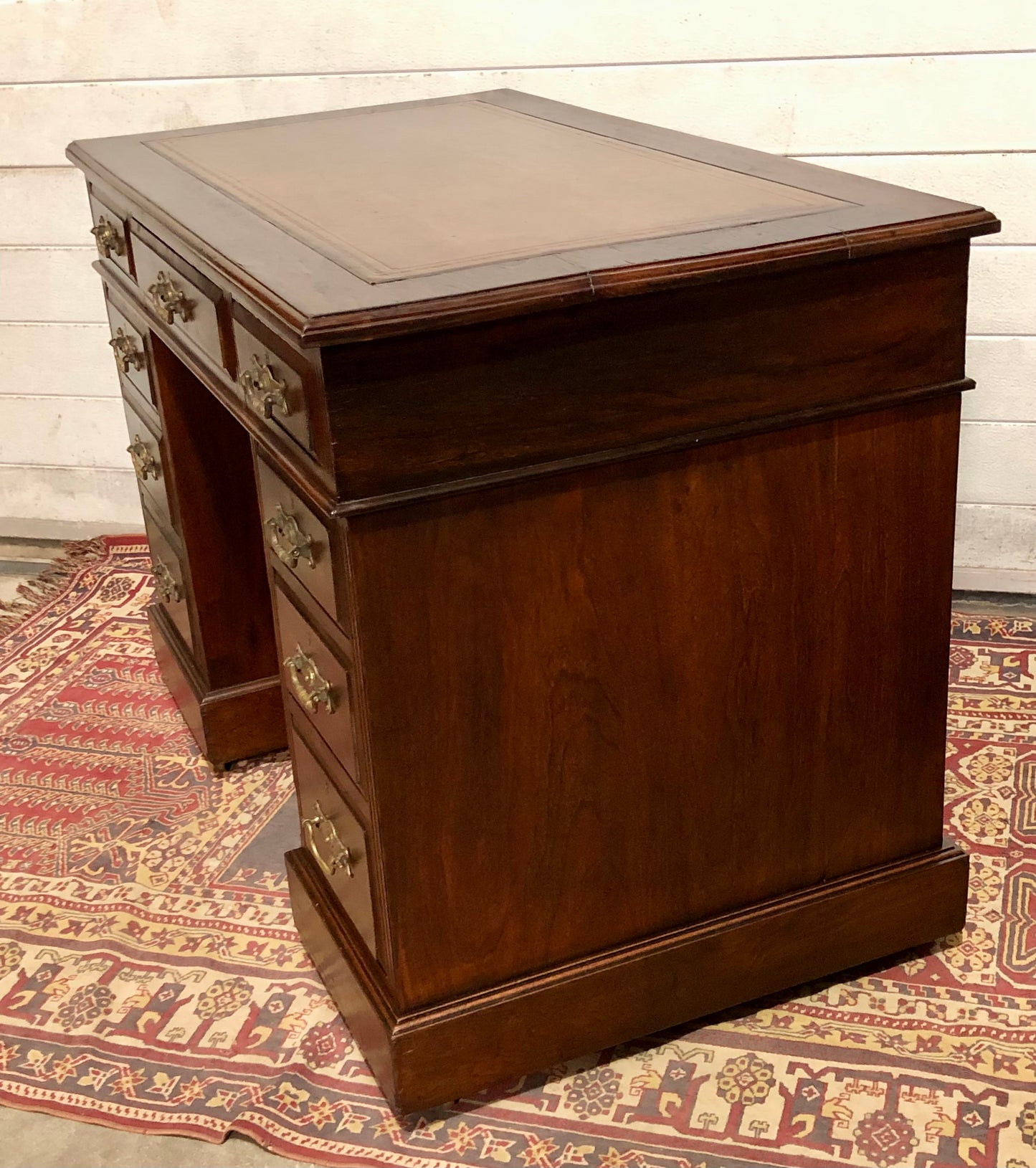 000639....Handsome Antique Walnut Pedestal Desk With Nine Drawers