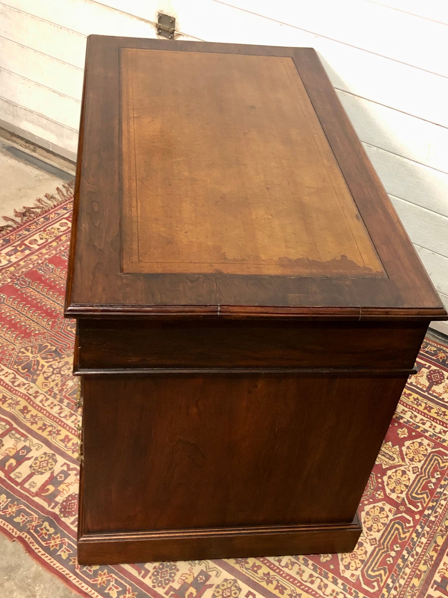 000639....Handsome Antique Walnut Pedestal Desk With Nine Drawers