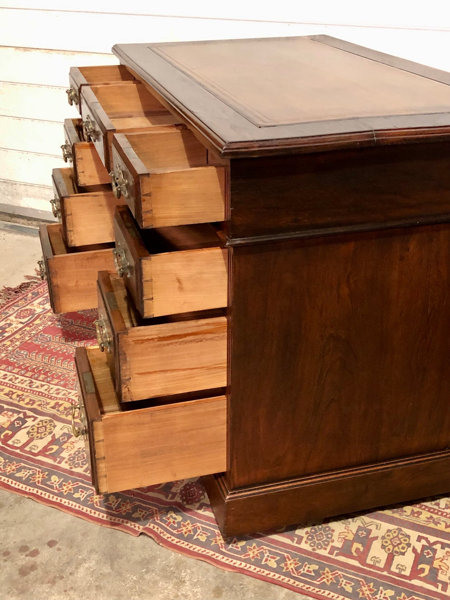 000639....Handsome Antique Walnut Pedestal Desk With Nine Drawers