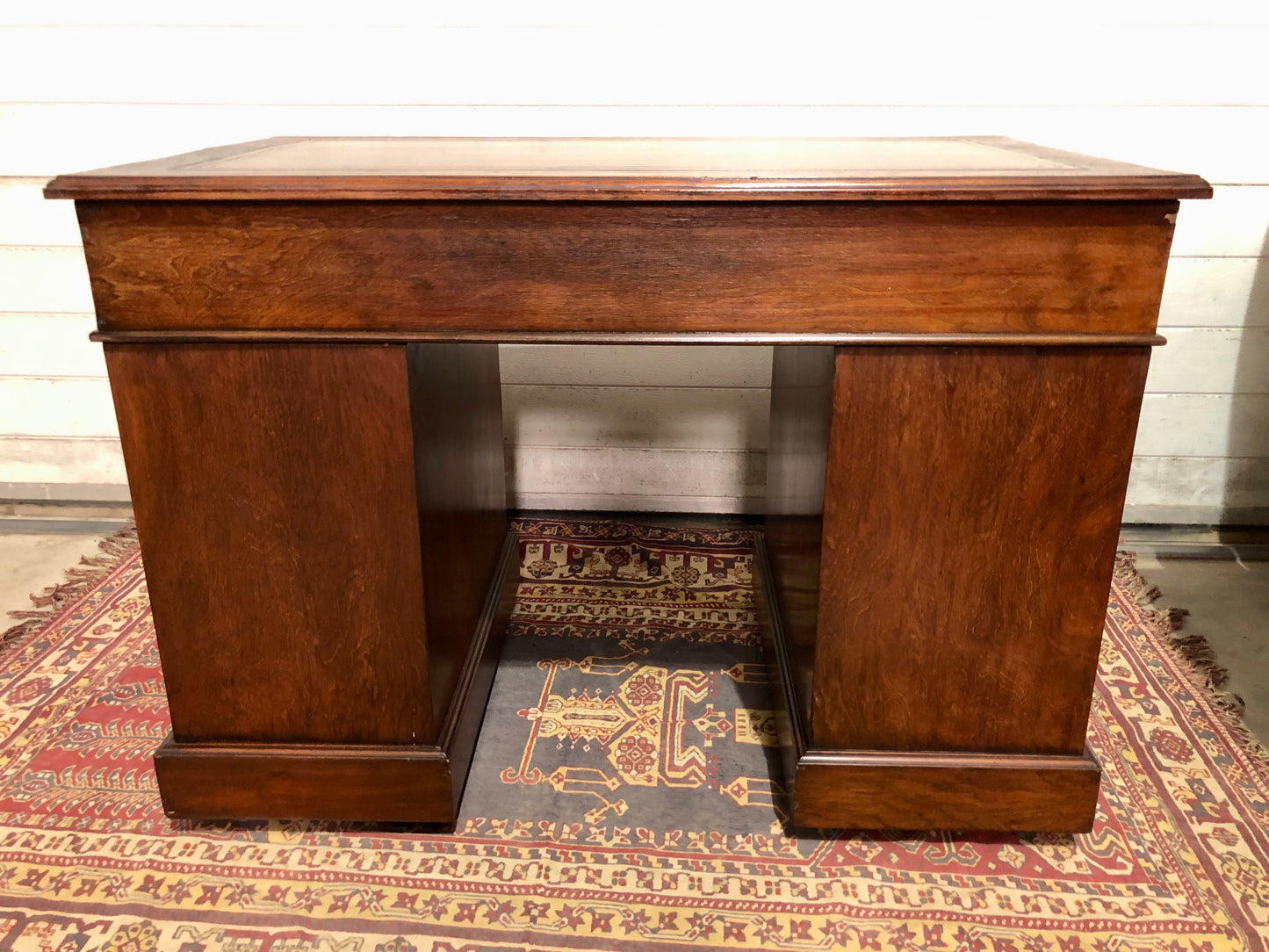 000639....Handsome Antique Walnut Pedestal Desk With Nine Drawers
