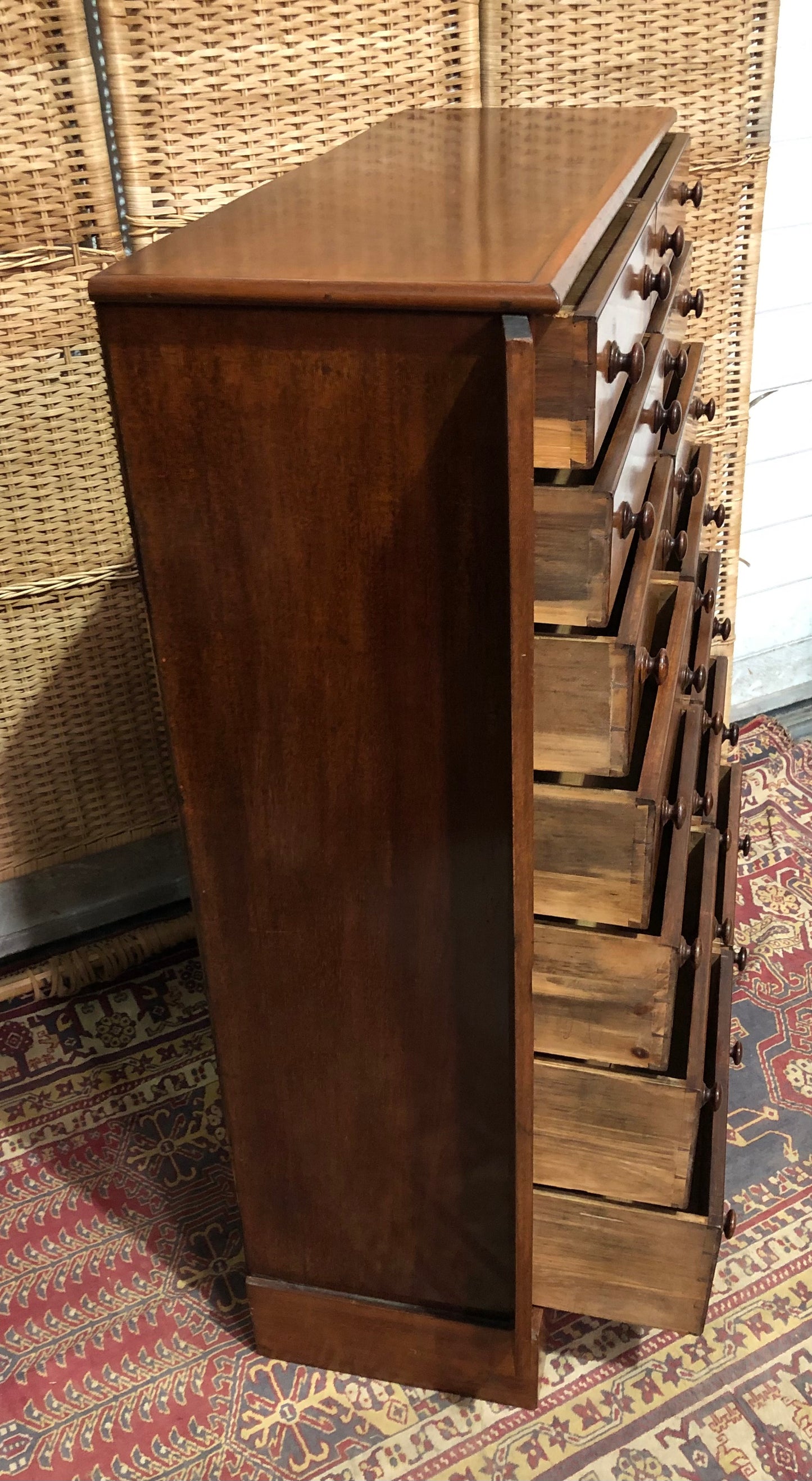 000625....Handsome Antique Double Fronted Wellington/Collectors Chest Of Fourteen Drawers