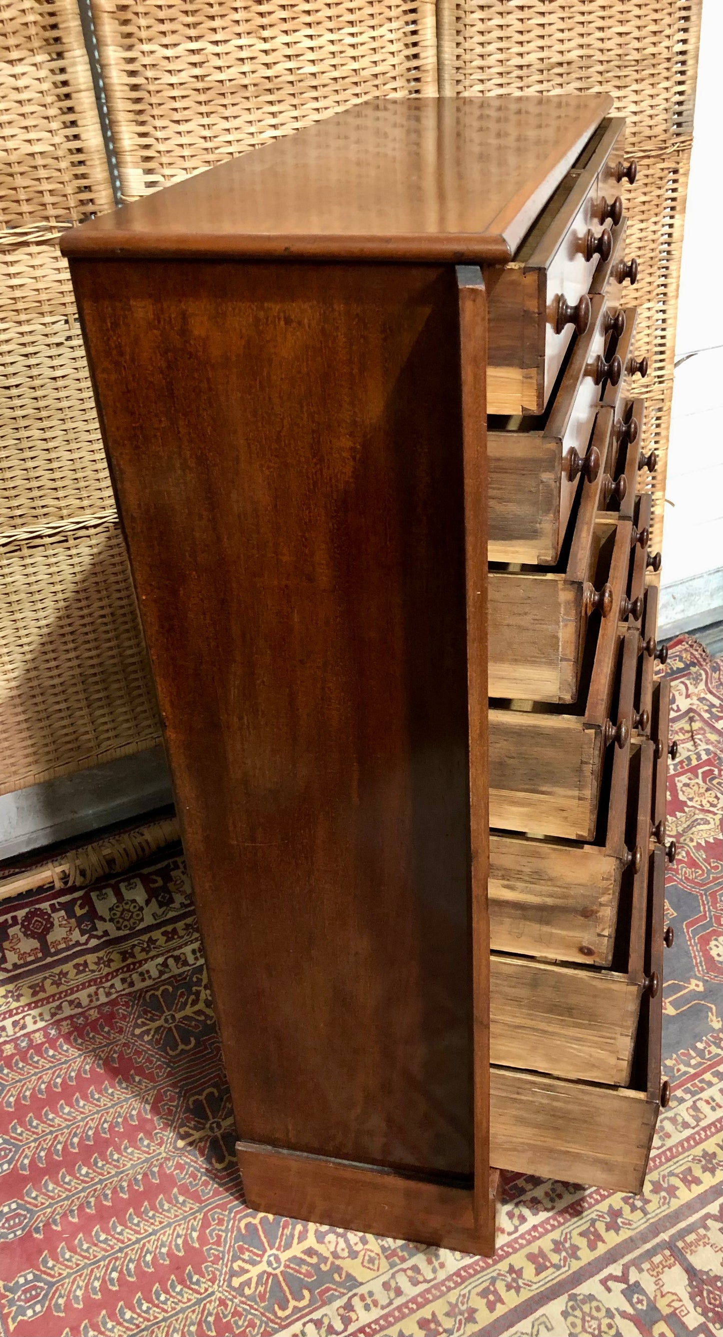 000625....Handsome Antique Double Fronted Wellington/Collectors Chest Of Fourteen Drawers