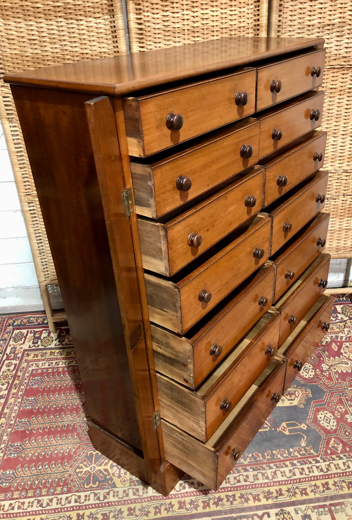 000625....Handsome Antique Double Fronted Wellington/Collectors Chest Of Fourteen Drawers