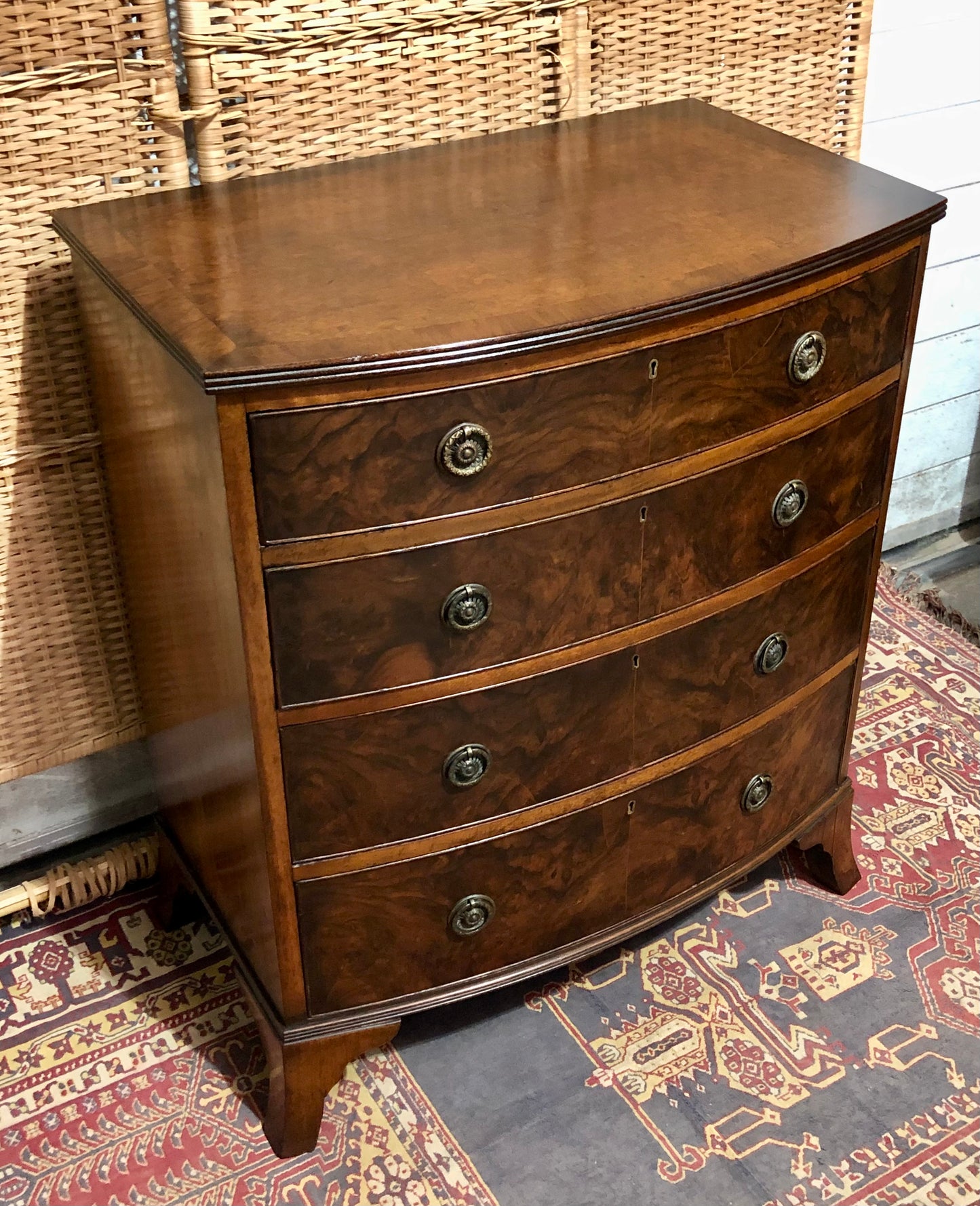 000621....Handsome Vintage Walnut Bow Front Chest Of Drawers