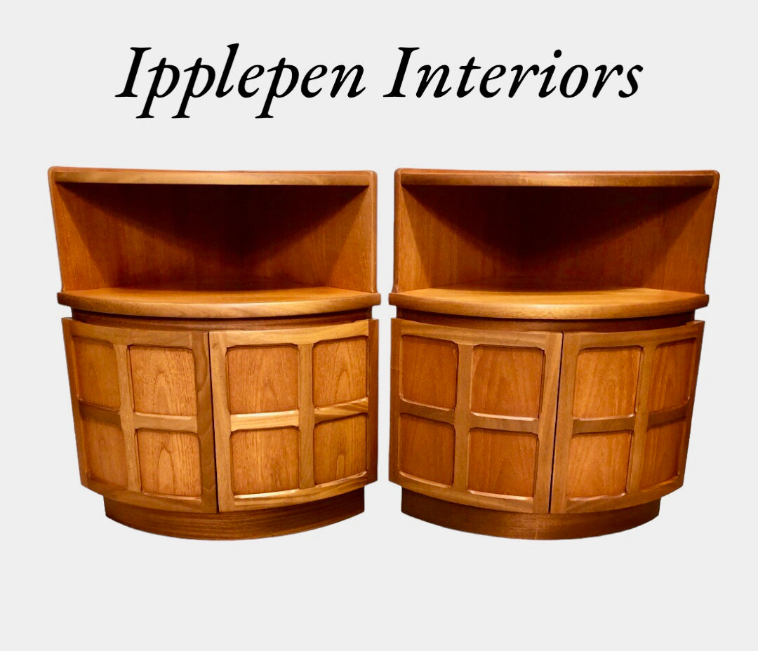 000849....Handsome Pair Of Retro Nathan Corner Cupboards / Teak Cupboards ( sold )