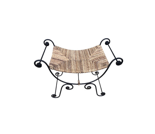 000841....Vintage Bohemian Style Wrought Iron Stool With Rush Seat ( sold )