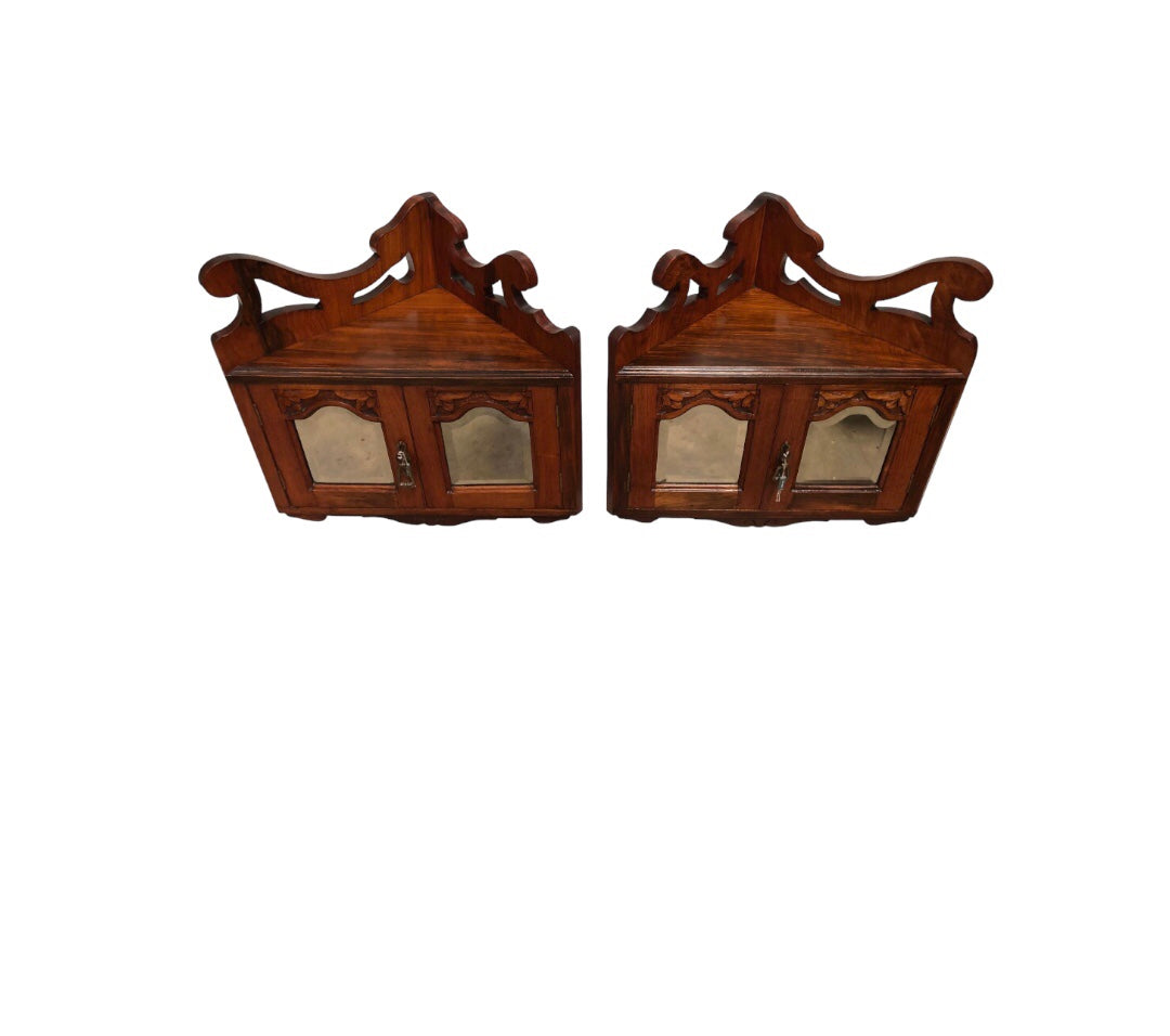 000839....Handsome Pair Of Walnut Wall Cabinets / Antique Corner Cabinets