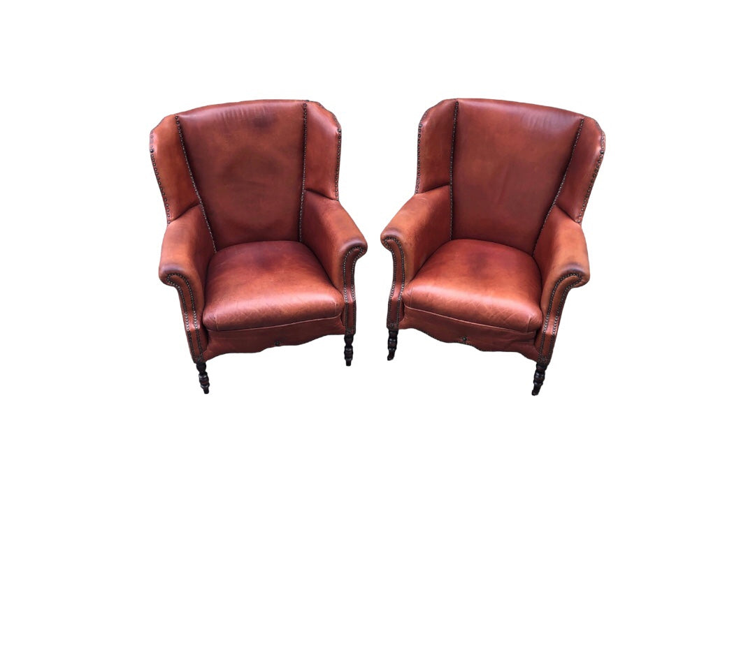 000834....Handsome Pair Of Smaller Vintage Leather Wing Back Armchairs / Leather Armchairs ( sold )