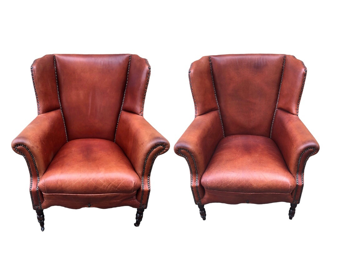 000834....Handsome Pair Of Smaller Vintage Leather Wing Back Armchairs / Leather Armchairs ( sold )