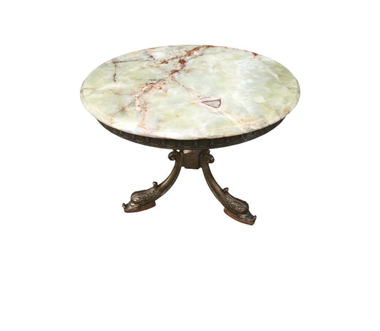 000832....Round Onyx Coffee Table On Decorative Dolphin Brass Base. ( Sold )