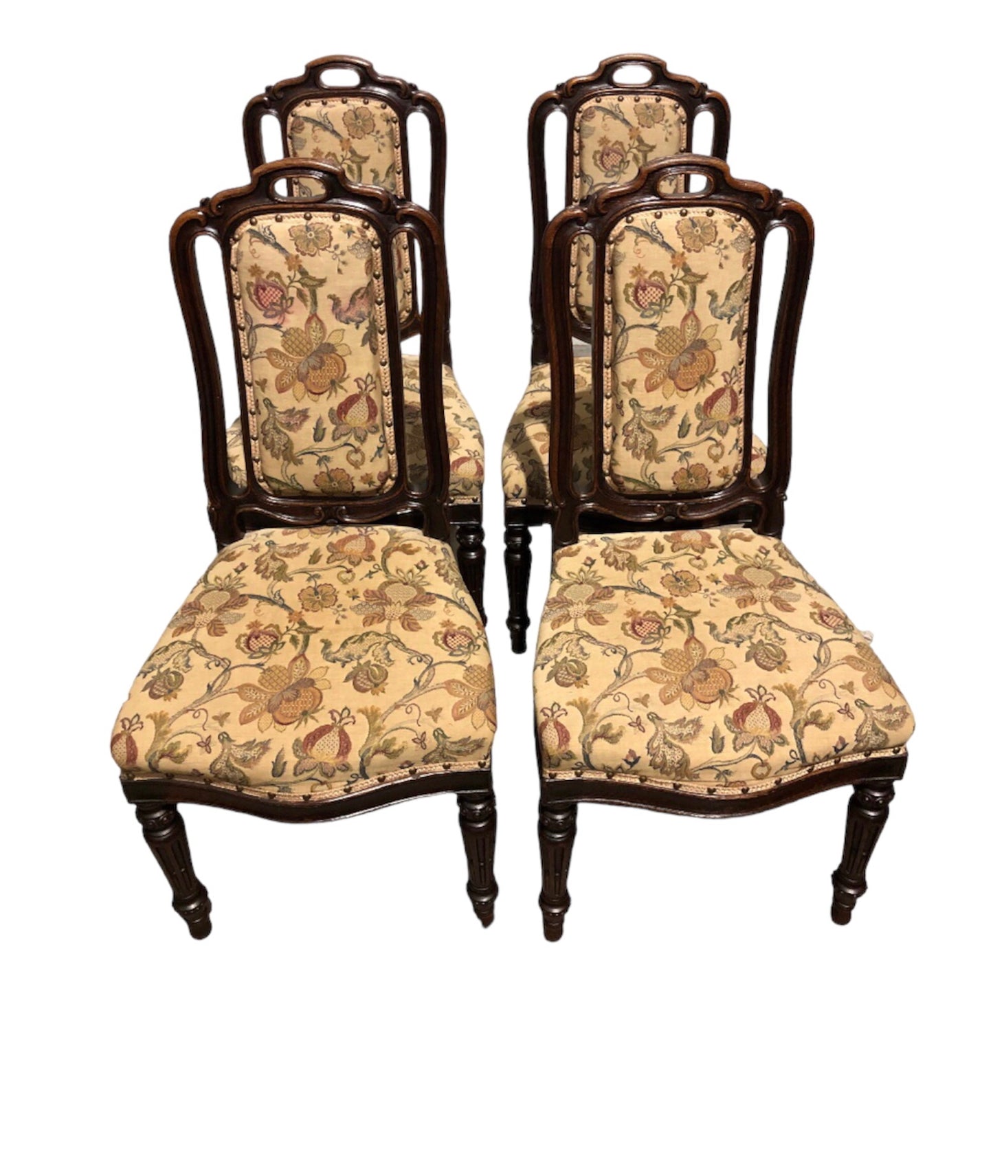 000790....Handsome Set Of Four Antique Carved Oak Dining Chairs