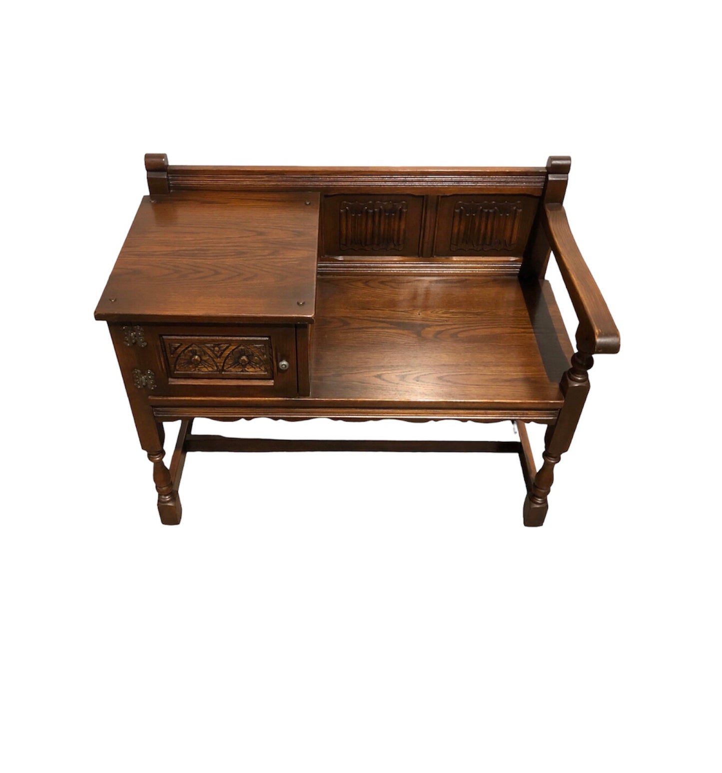 000788....Handsome Carved Oak Hall Seat / Old Charm Telephone Table ( sold )