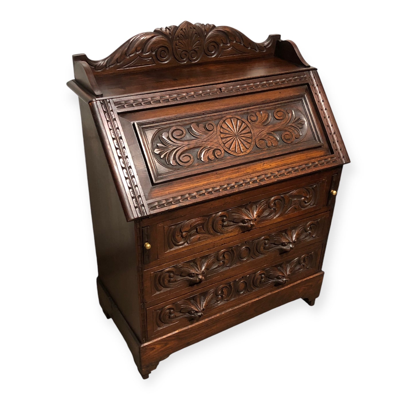 000706....Handsome Antique Carved Oak Bureau ( sold )