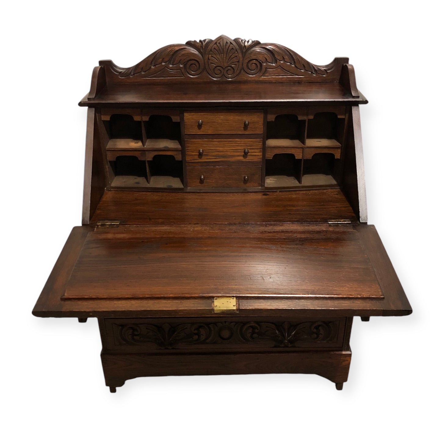 000706....Handsome Antique Carved Oak Bureau ( sold )