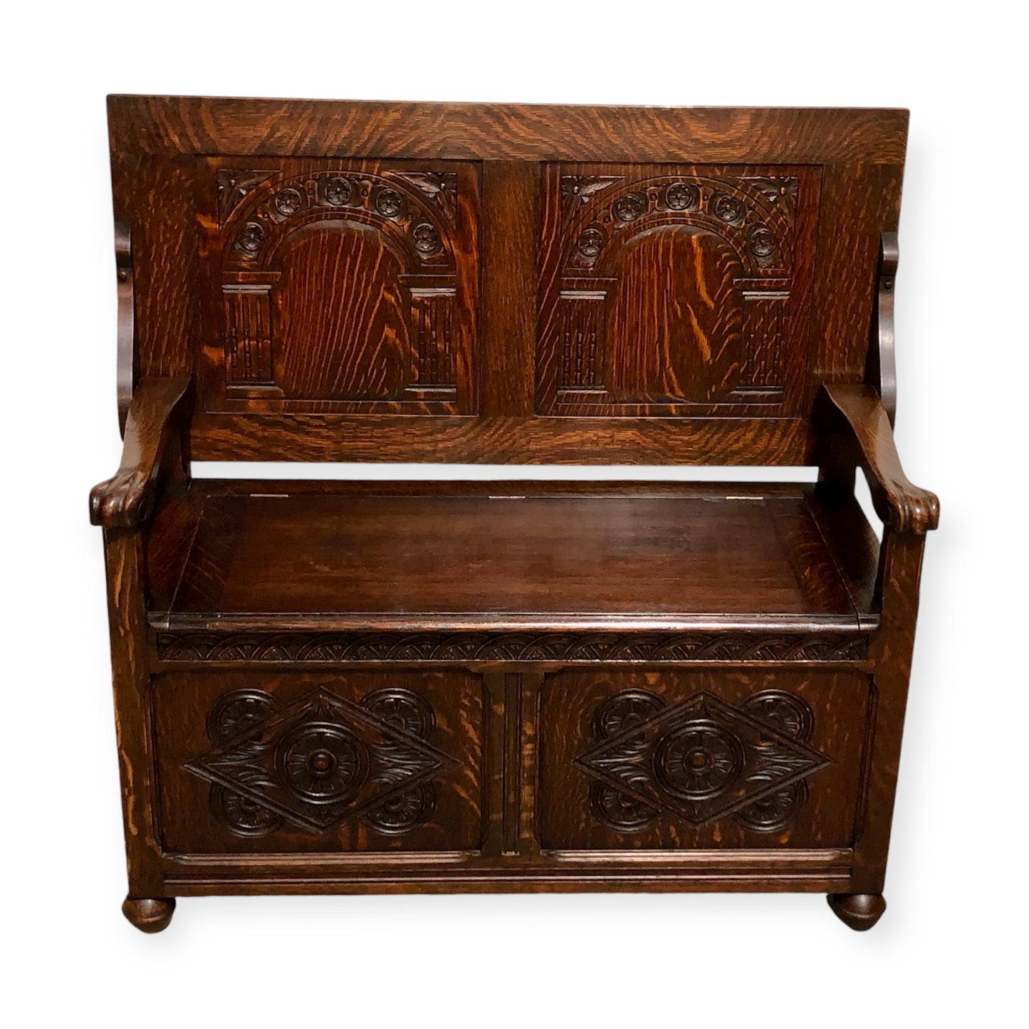 000699....Handsome Carved Oak Monks Bench / Hall Seat ( sold )