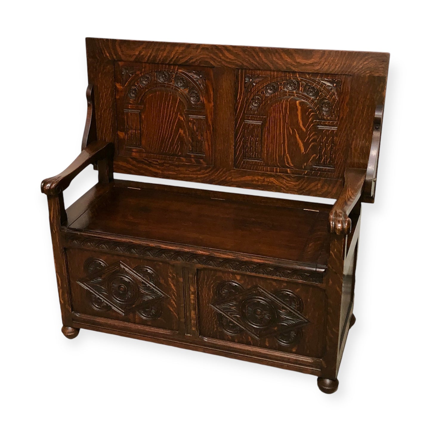 000699....Handsome Carved Oak Monks Bench / Hall Seat ( sold )