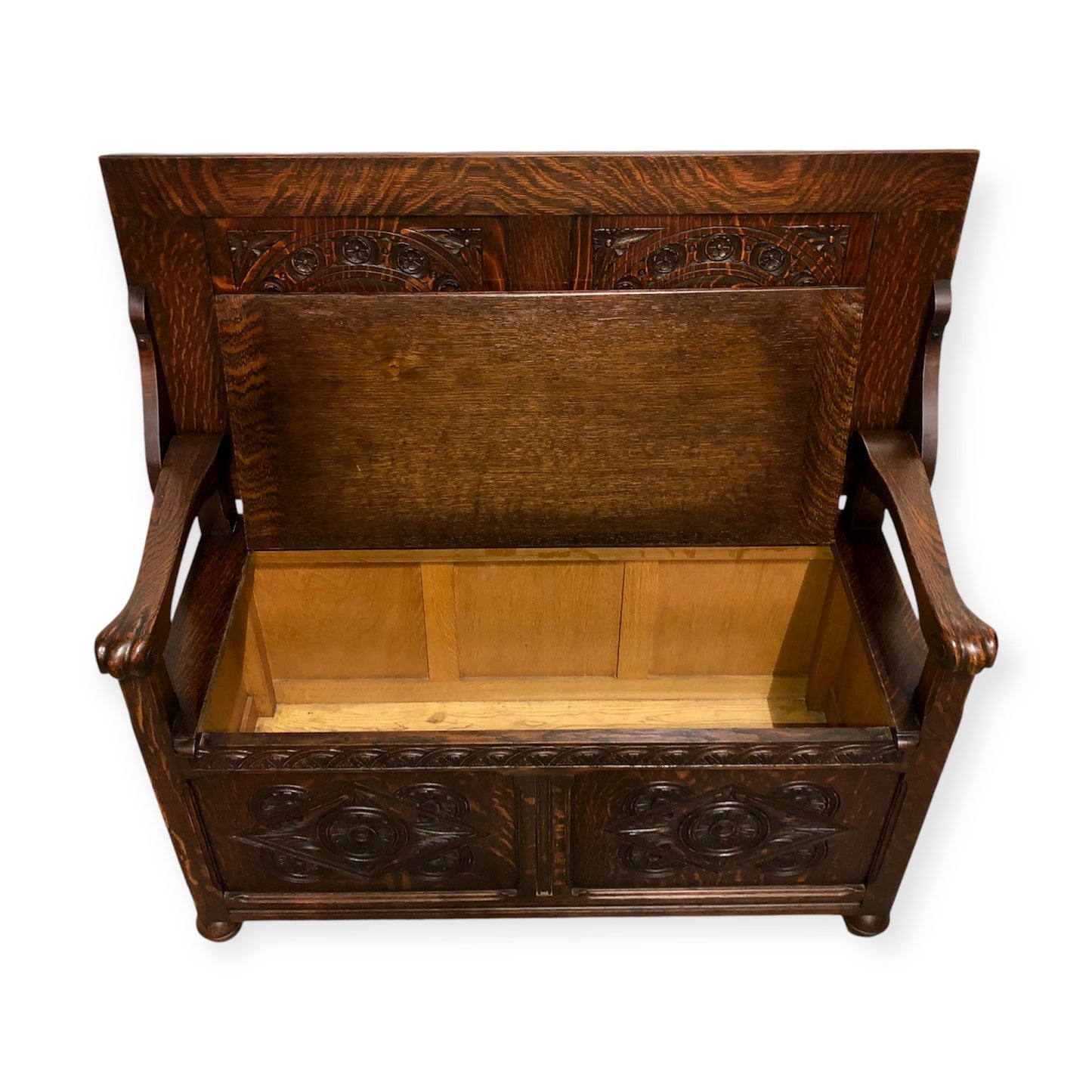 000699....Handsome Carved Oak Monks Bench / Hall Seat ( sold )