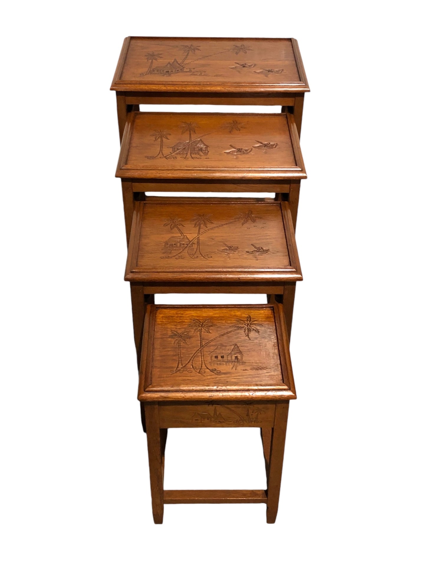 000697....Handsome Vintage Carved Teak Nest Of Four Tables