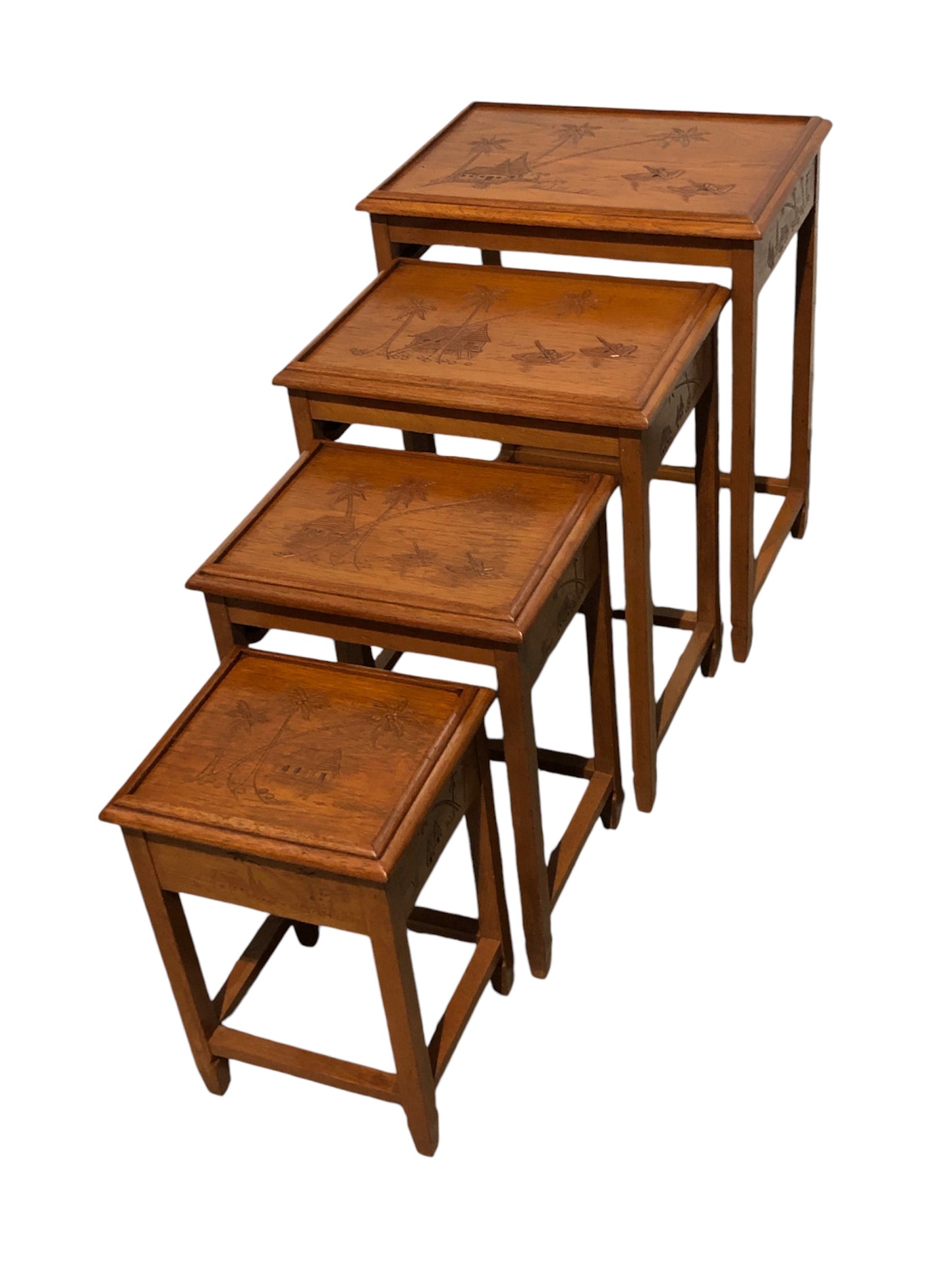 000697....Handsome Vintage Carved Teak Nest Of Four Tables