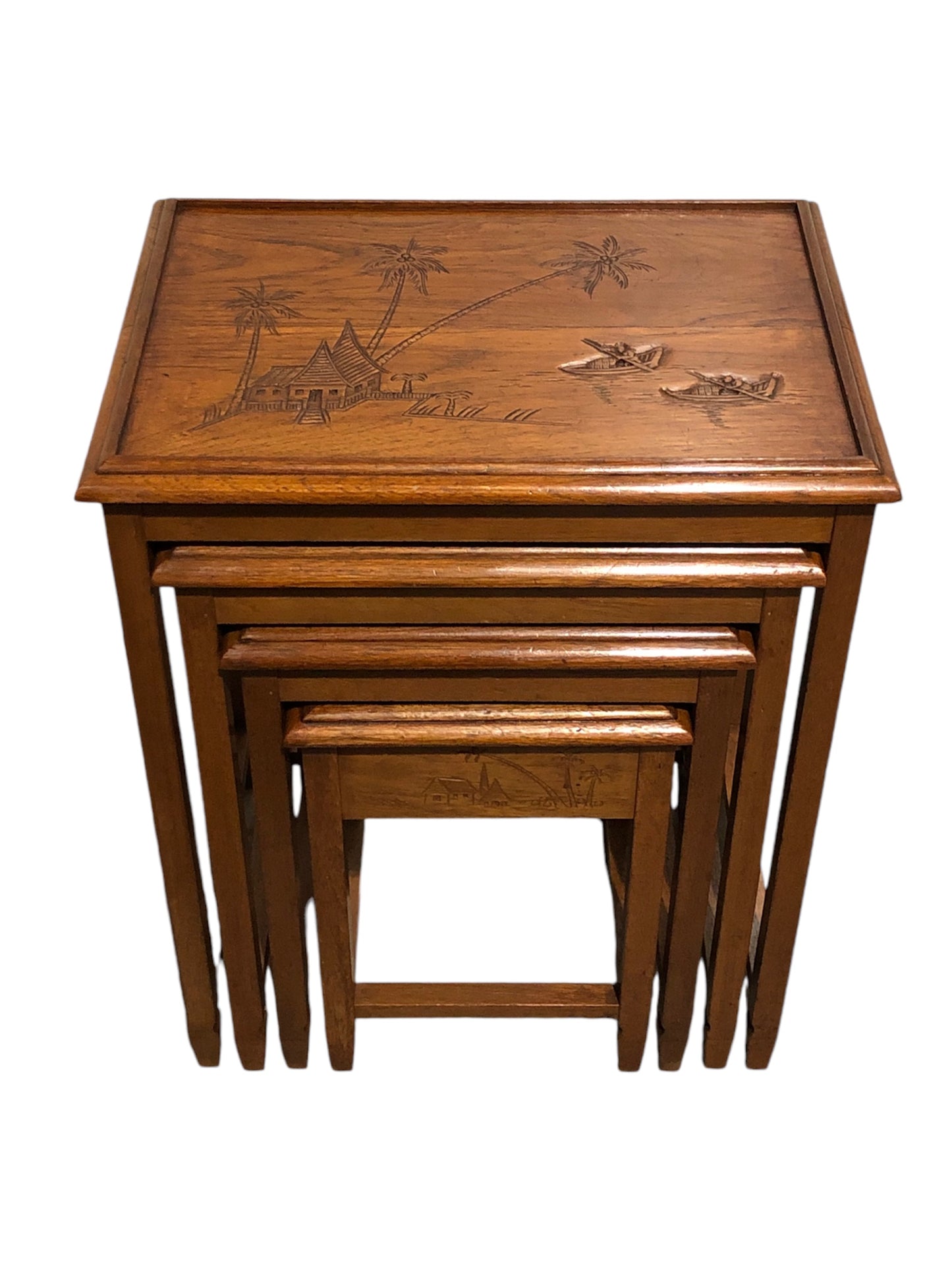 000697....Handsome Vintage Carved Teak Nest Of Four Tables