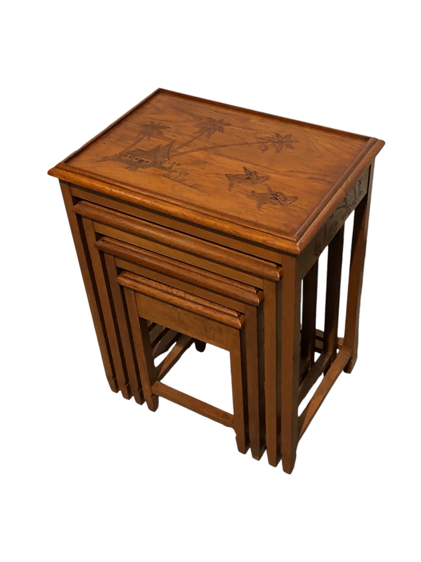 000697....Handsome Vintage Carved Teak Nest Of Four Tables