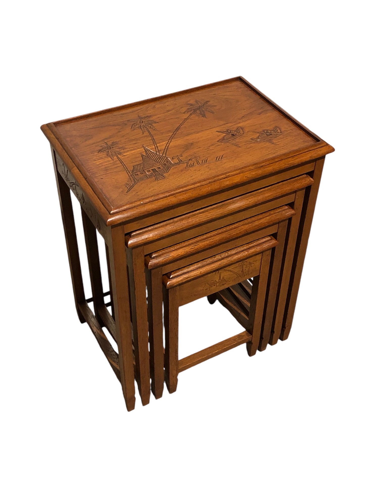 000697....Handsome Vintage Carved Teak Nest Of Four Tables