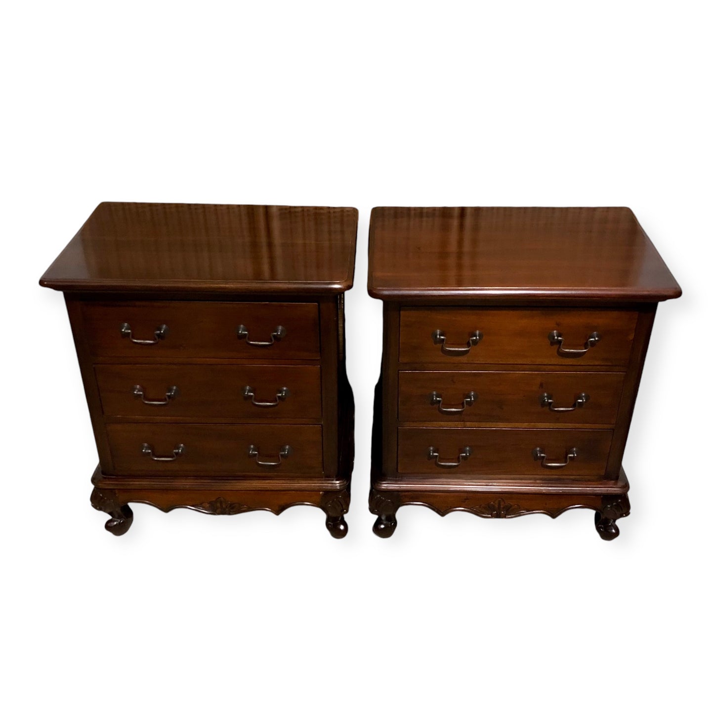 000691....Handsome Pair Of Vintage Carved Mahogany Bedside Chests ( sold )