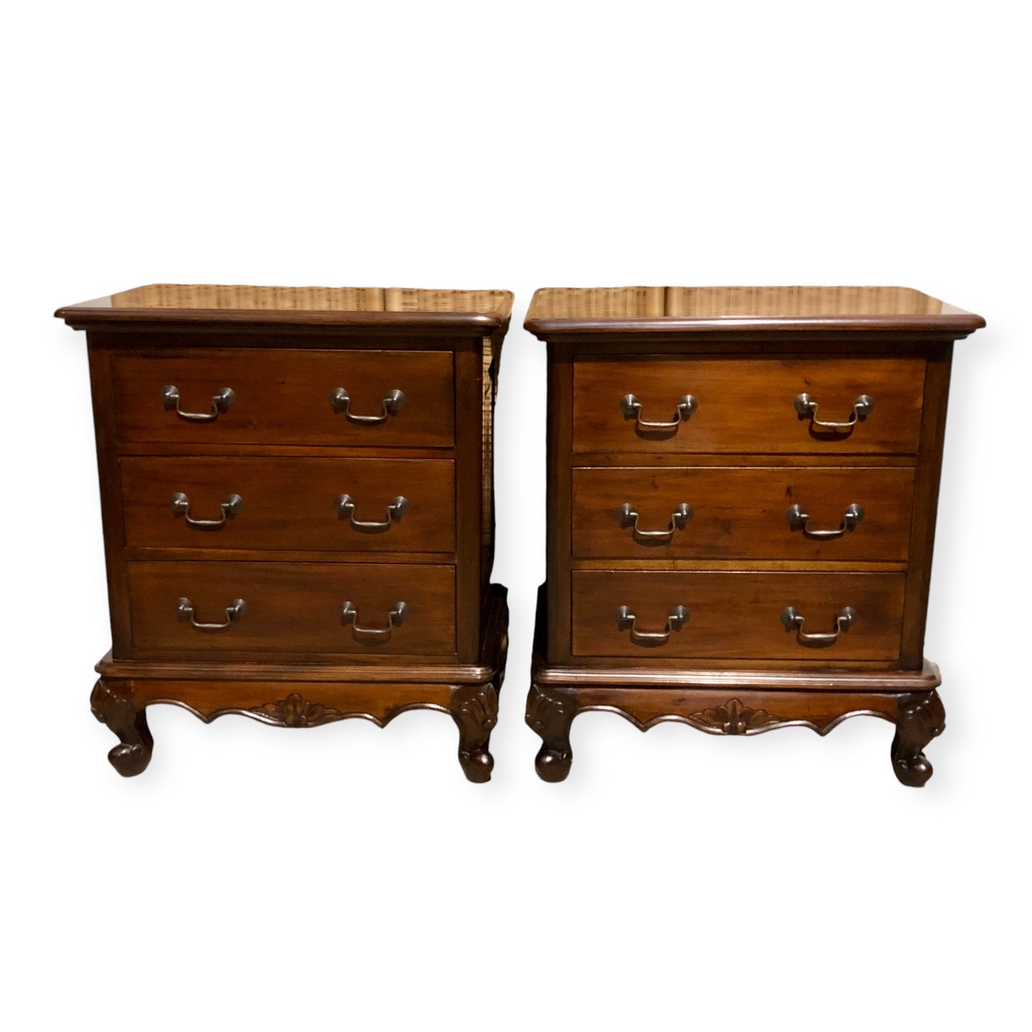 000691....Handsome Pair Of Vintage Carved Mahogany Bedside Chests ( sold )