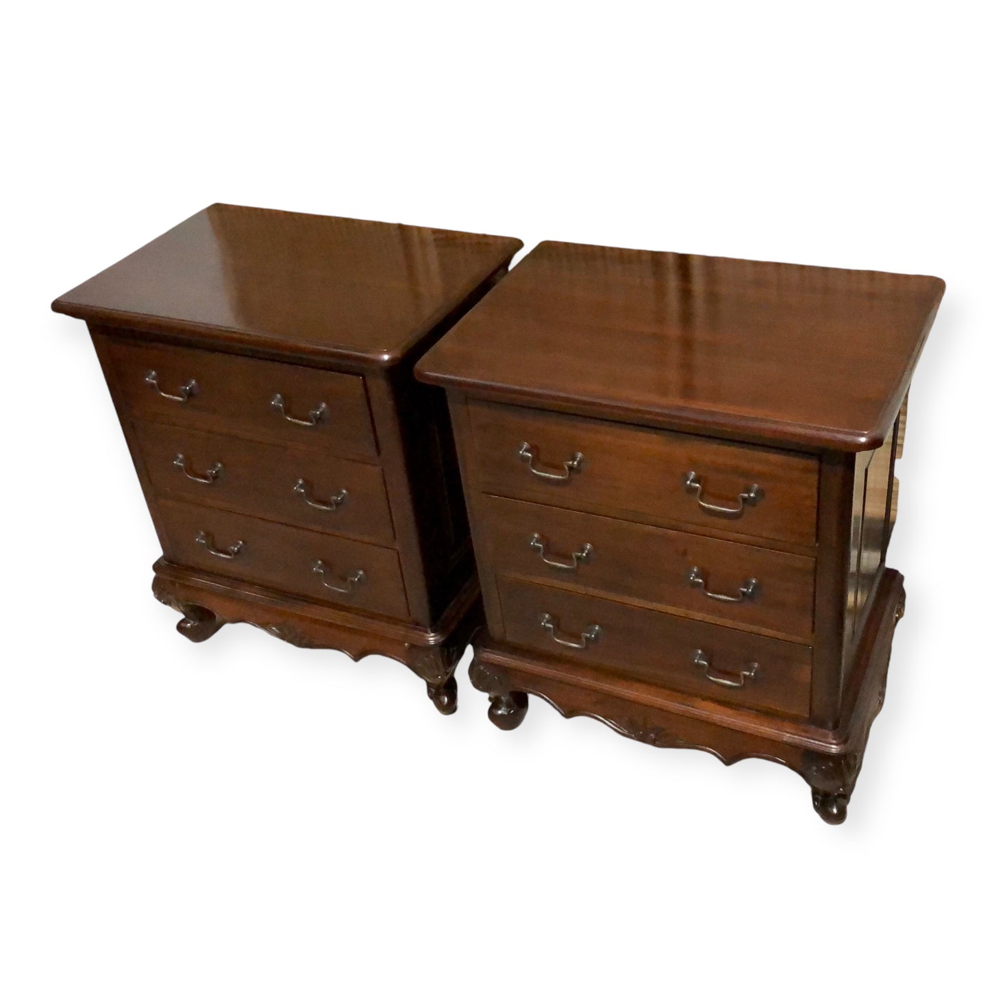 000691....Handsome Pair Of Vintage Carved Mahogany Bedside Chests ( sold )