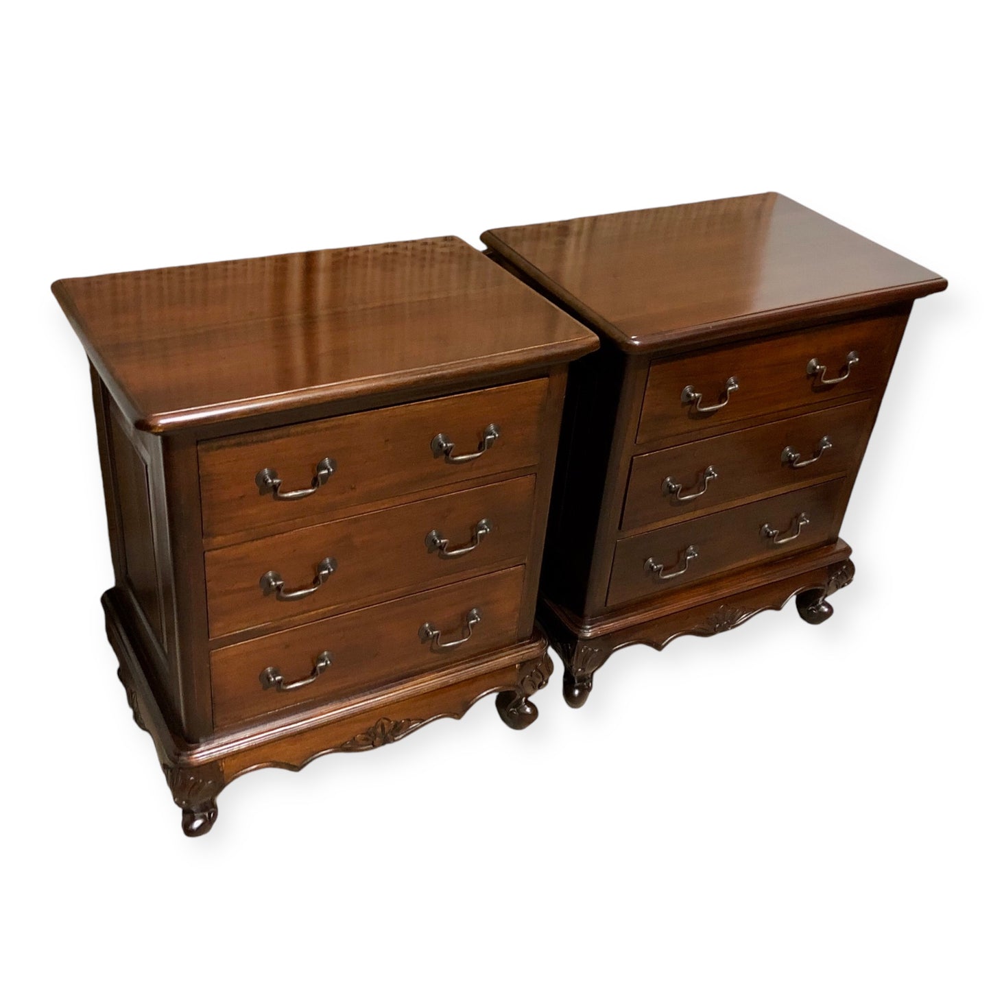 000691....Handsome Pair Of Vintage Carved Mahogany Bedside Chests ( sold )