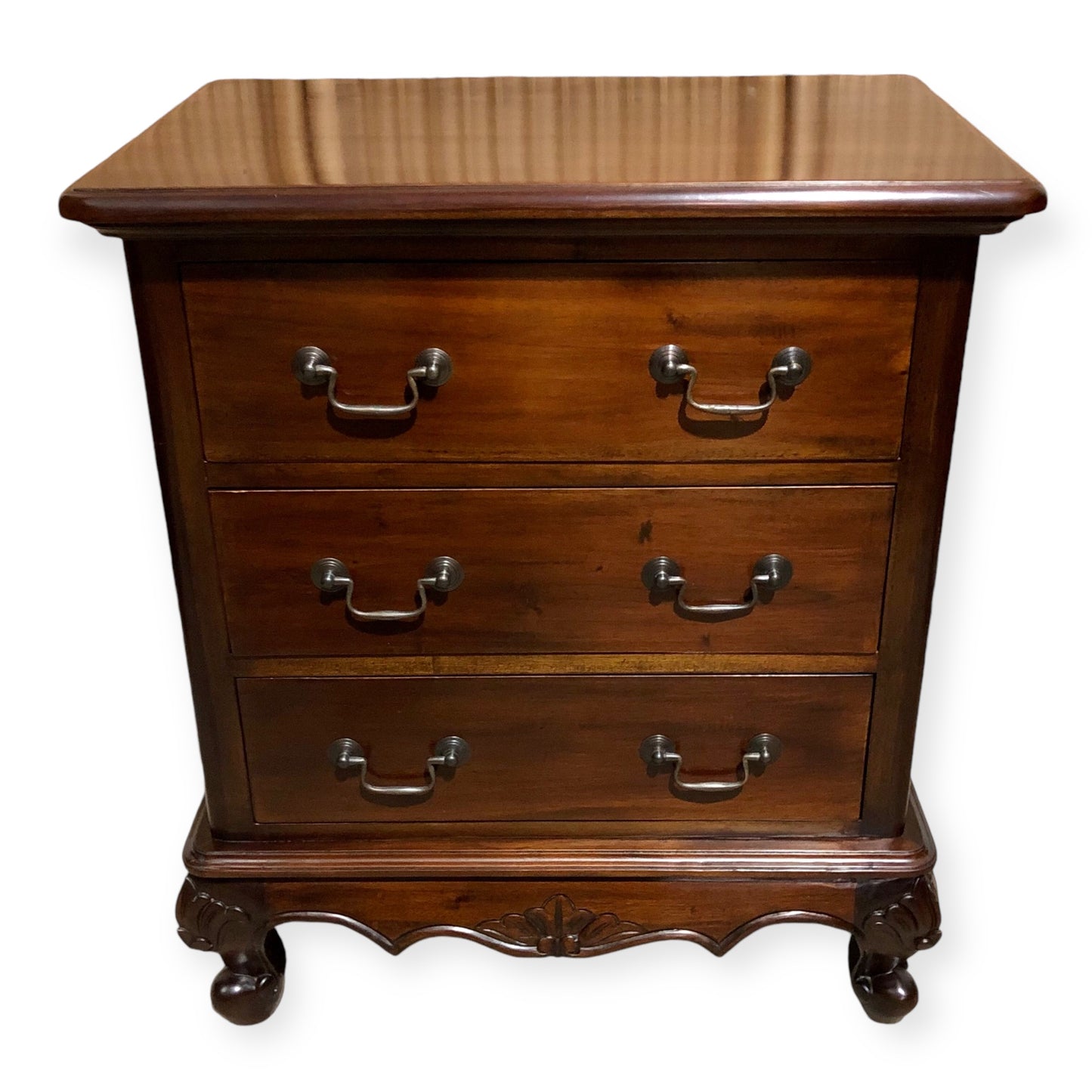 000691....Handsome Pair Of Vintage Carved Mahogany Bedside Chests ( sold )