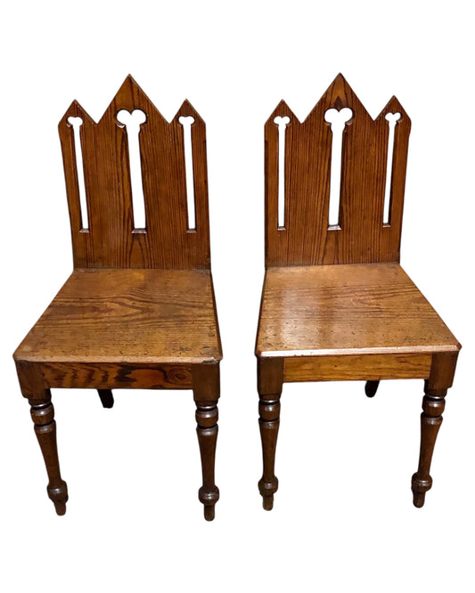 000655....Handsome Pair Of Small Gothic Pine Chairs ( sold )